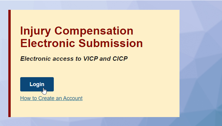screenshot of Login button on HRSA Injury Compensation website