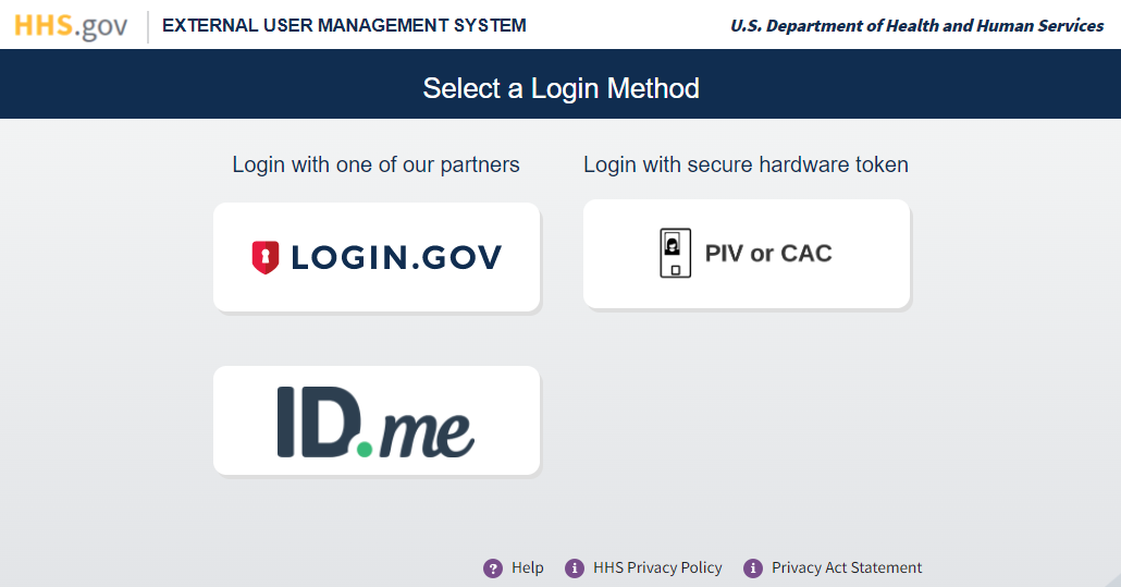 screenshot of login button on Login.gov external user management system page