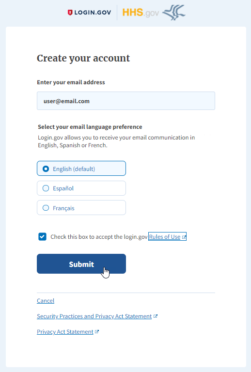 screenshot of Submit button on Create your account screen