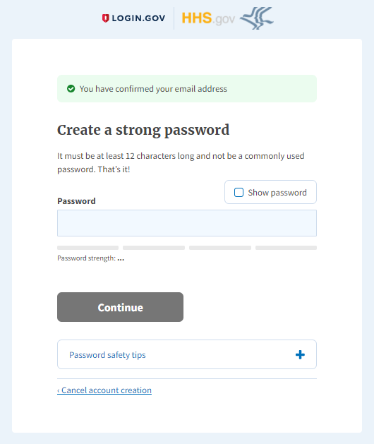 screenshot of the Create a strong password screen and Continue button